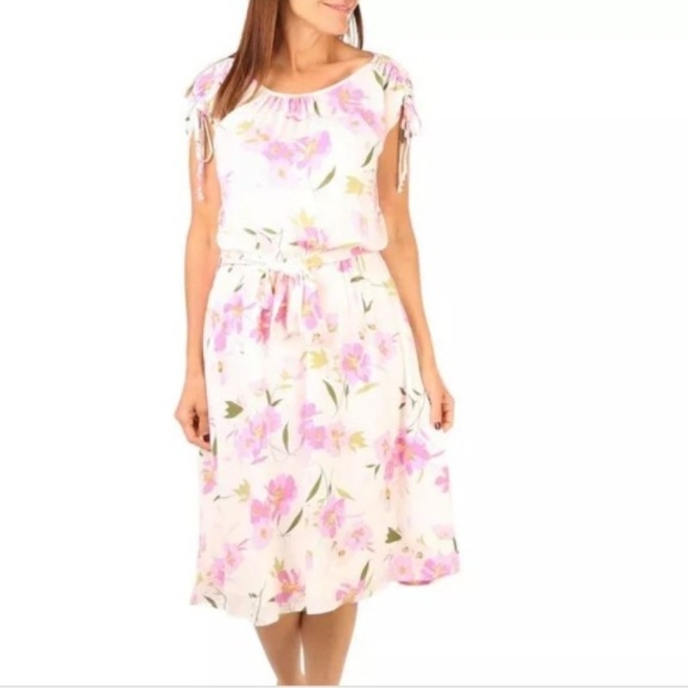 Floral Pink Midi Dress with Tie Waist
